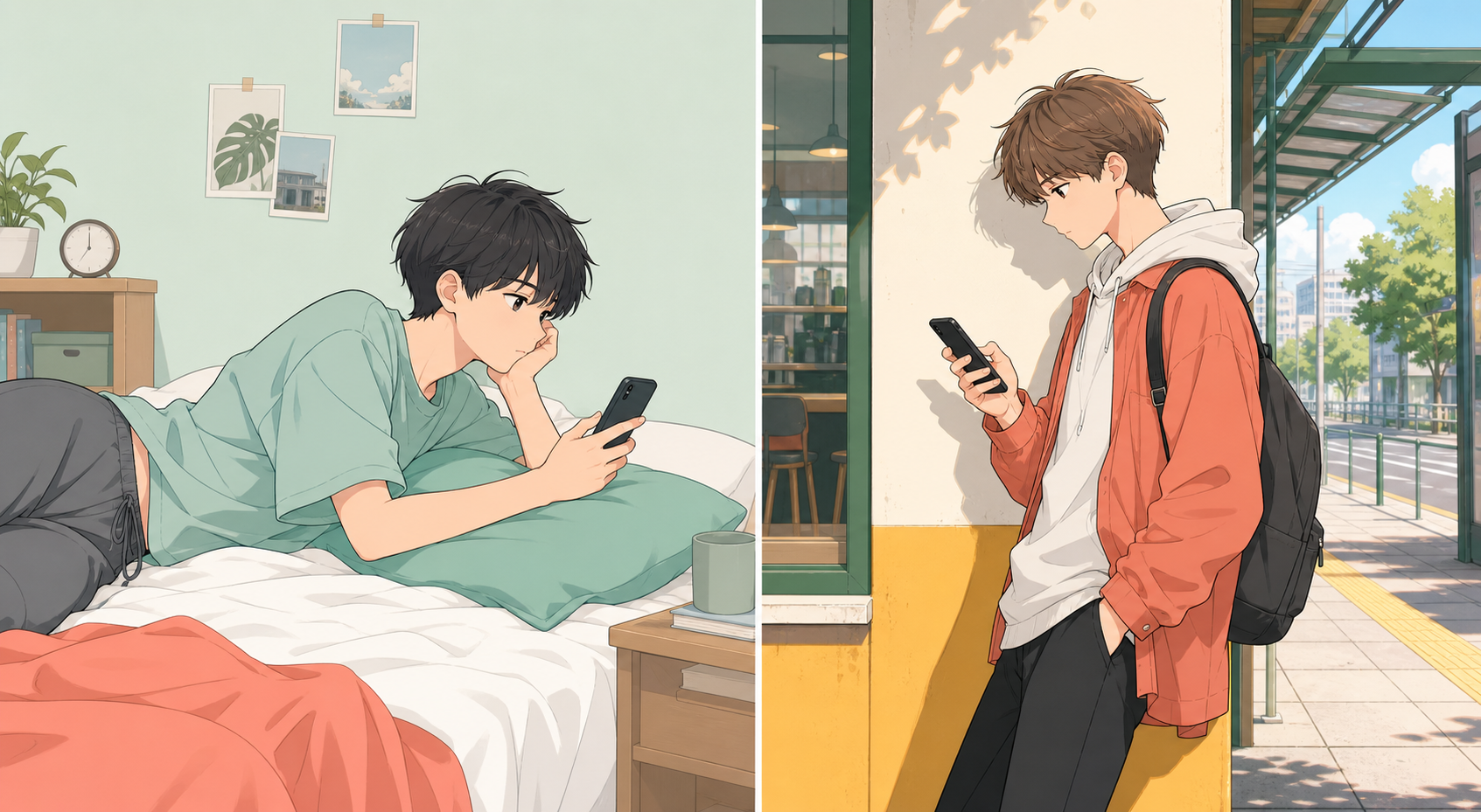 ヒマな午後にスマホを見ながら近くで遊べる人を探したいと思っている場面