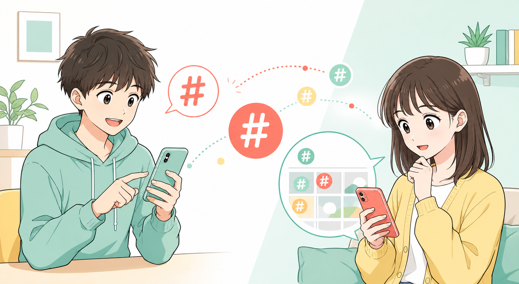 SNSにハッシュタグを付けて投稿し、同じタグの投稿を探す場面