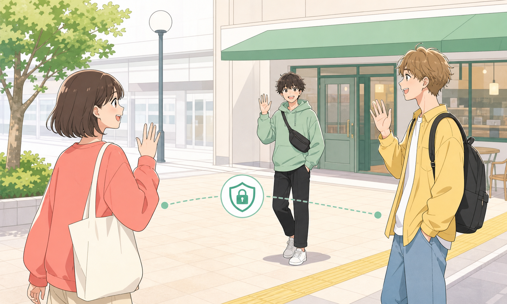 公共の場所で近くの人と安全に合流する場面